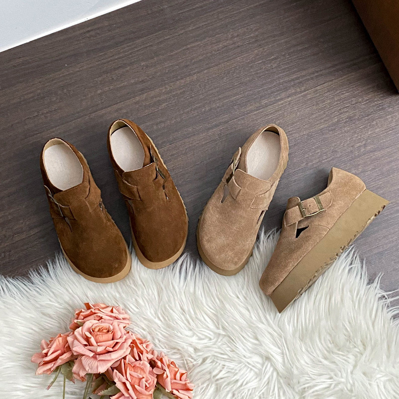 Thick soled Boken shoes women's genuine leather cowhide frosted lazy shoes 2025 autumn new retro big head ugly cute casual shoes