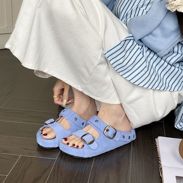 Boken slippers women's genuine leather cow suede anti slip beach shoes 2024 summer outdoor sandals flat Boken cool slippers