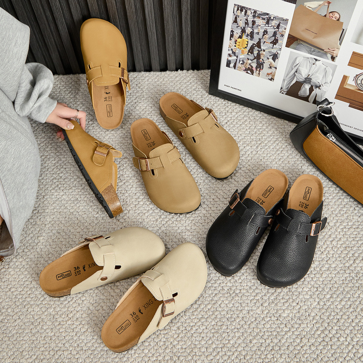 Genuine leather Boken shoes for men and women, cork cowhide fishing Boken women, summer outdoor sandals, thick soled shoes, toe caps, half slippers