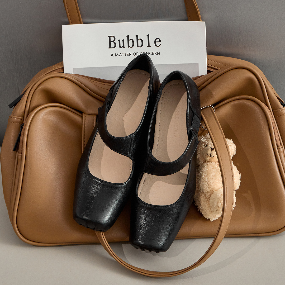 Genuine leather Mary Jane shoes with square toe elastic band, light mouth black single shoe, polished retro ballet style artistic ballet shoes