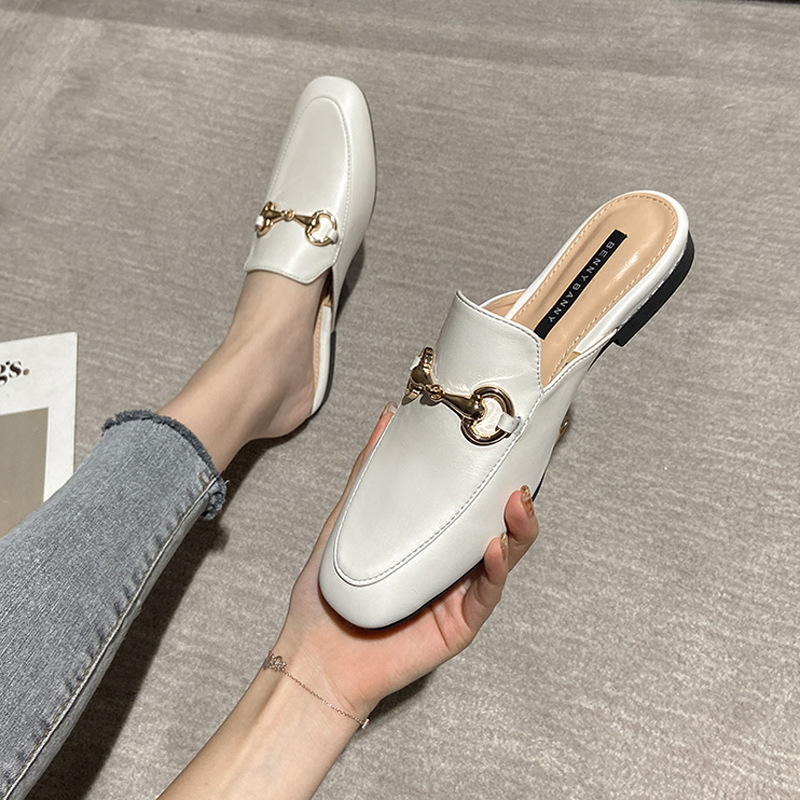 Genuine leather M ü ller shoes flat bottomed 2022 spring/summer new item, hooded half slippers, worn outside, horseneck buckle, no heel, lazy shoes