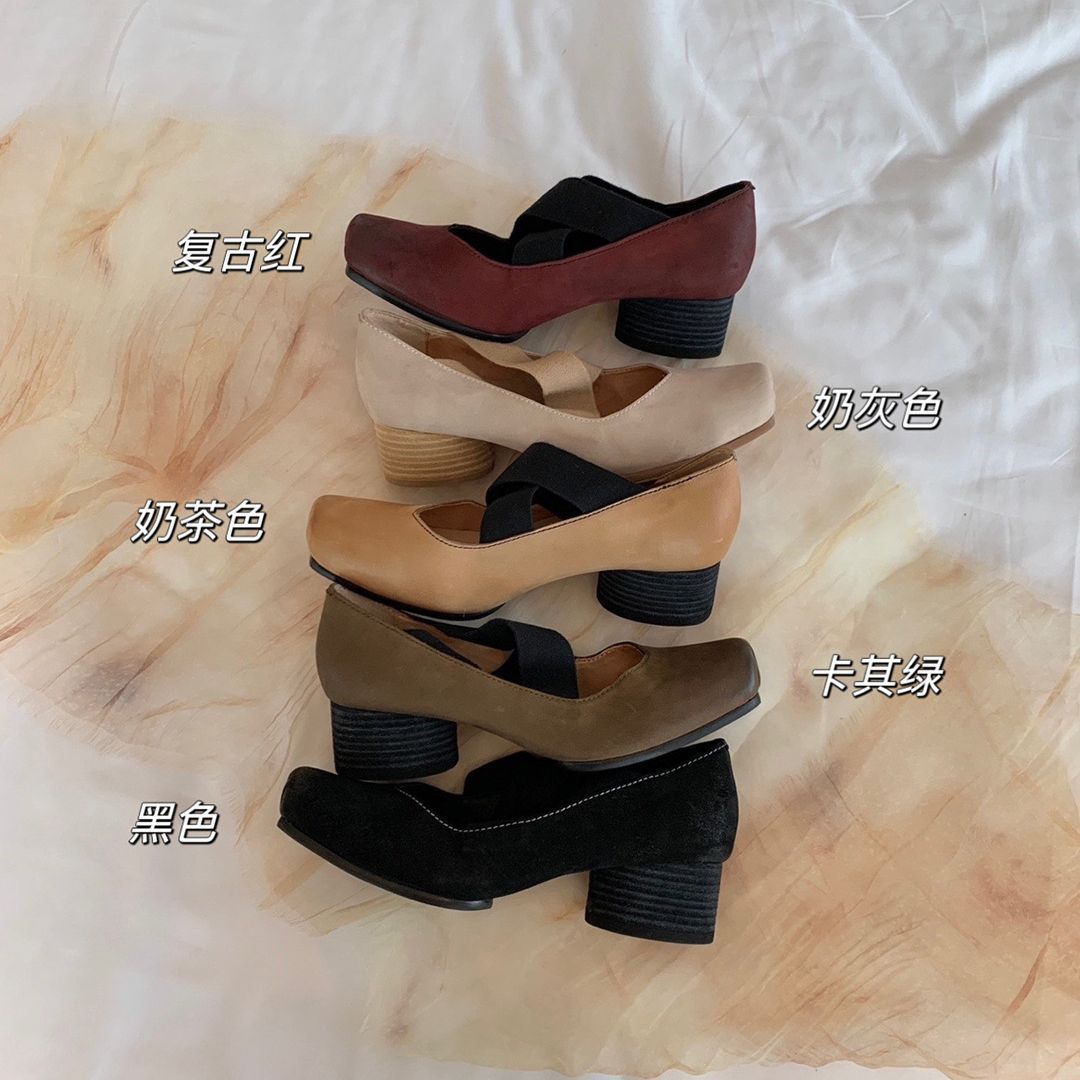Genuine leather fairy ballet shoes for women wearing light mouth single shoes, French high heels, thick heels, pig nose, retro Mary Jane shoes