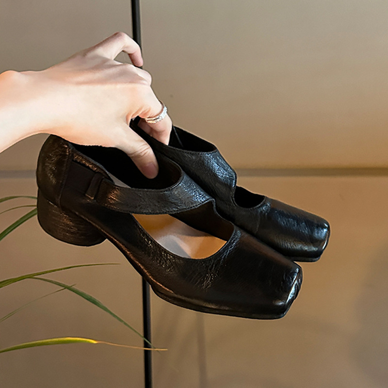 Ballet style single shoe women's genuine leather 2024 autumn high-end feeling square toe thick heel Mary Jane shoes retro shallow mouth women's shoes