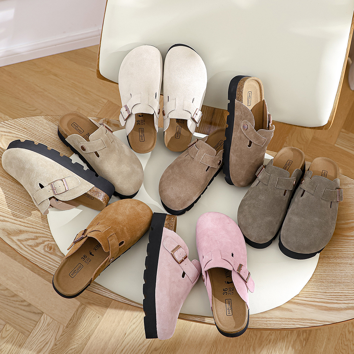 Boken shoes with thick soles, cowhide, cow suede, and toe caps, half slippers for external wear, 2024 new short and height increasing Boken shoes