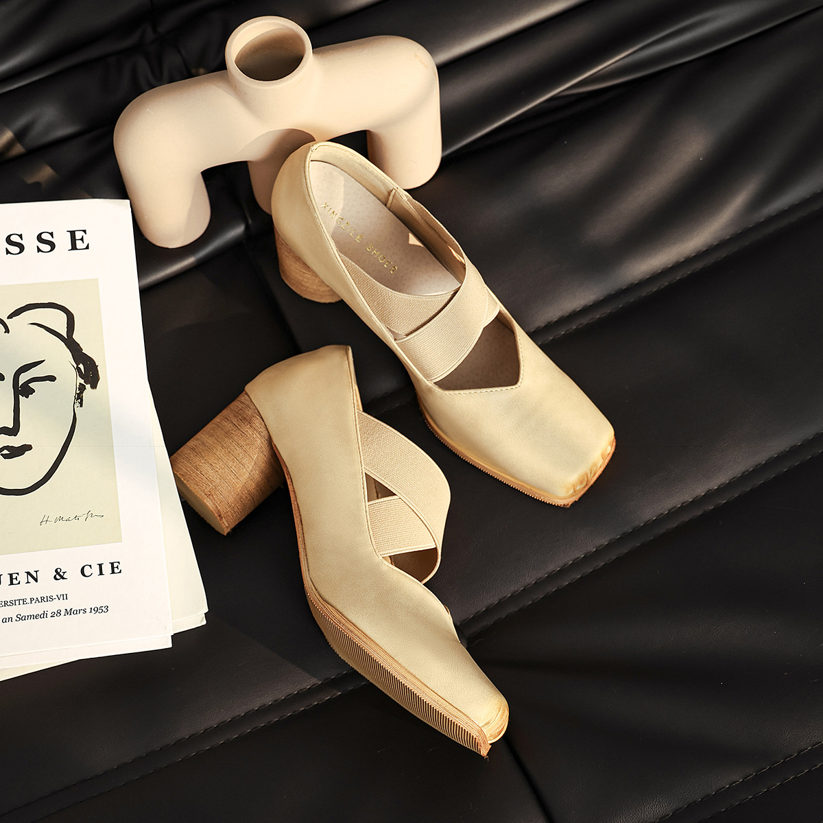 7cm ballet shoes high heels genuine leather single shoes retro French pig nose thick heel cross strap Mary Jane shoes for women