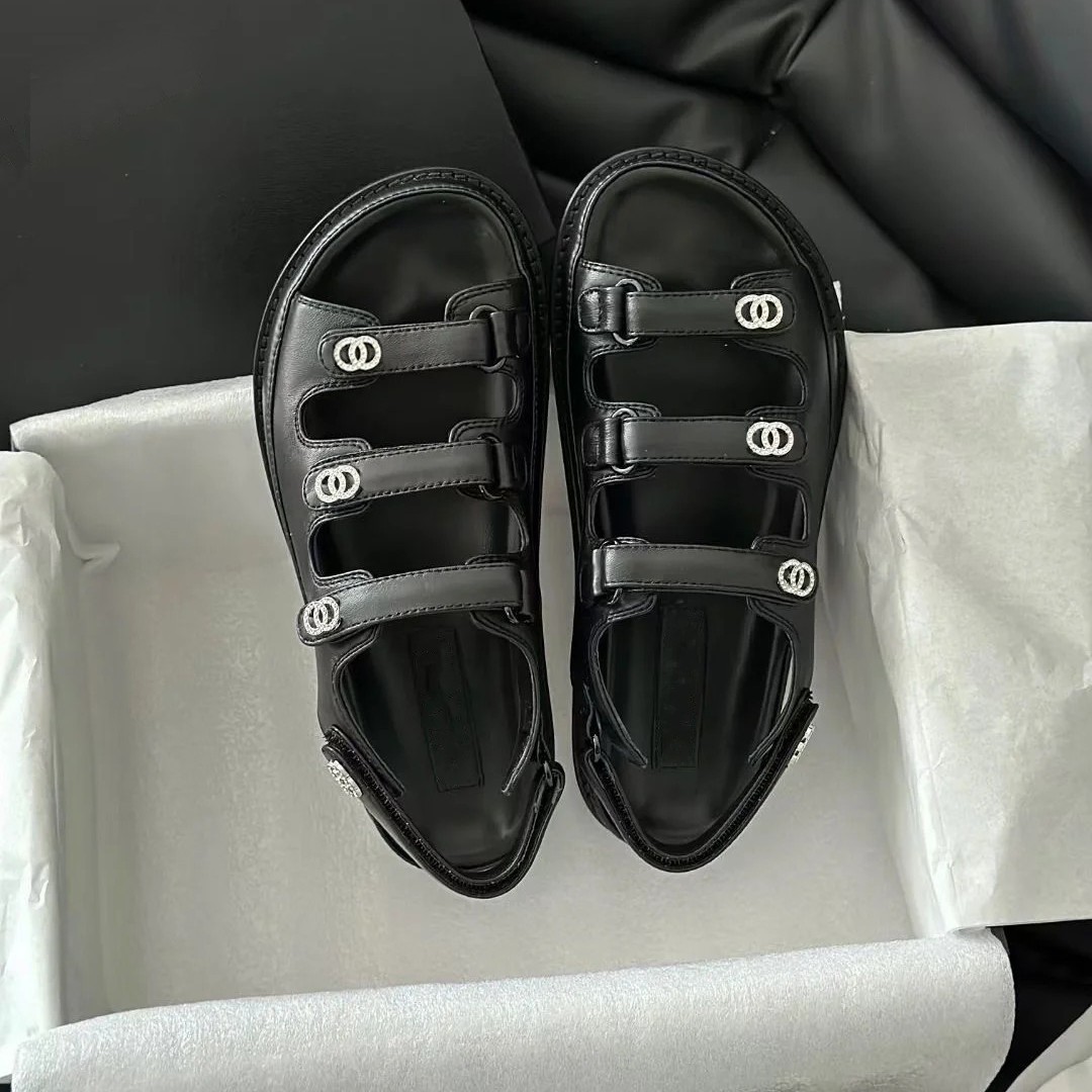 2025 Summer New Xiaoxiang Feng Shui Diamond Velcro Sandals Women's Xiaoxiang Wind Four Belt Round Head Exposed Toe Thick Bottom Casual