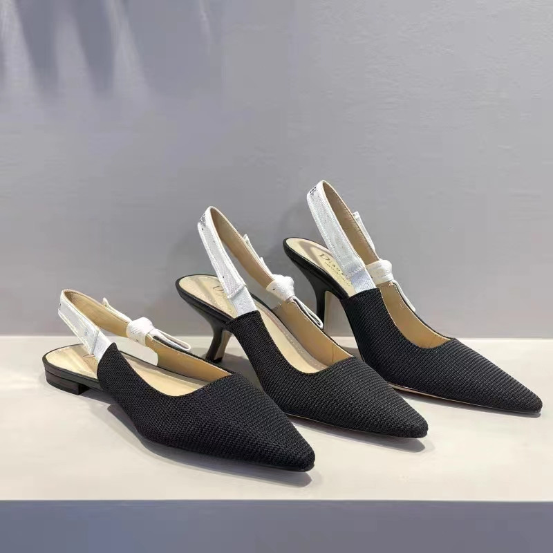 2024 New D Home Embroidered Letter with Bow Tip Shallow Mouth Cat Heel High Heels Back Empty Headband Sandals for Women