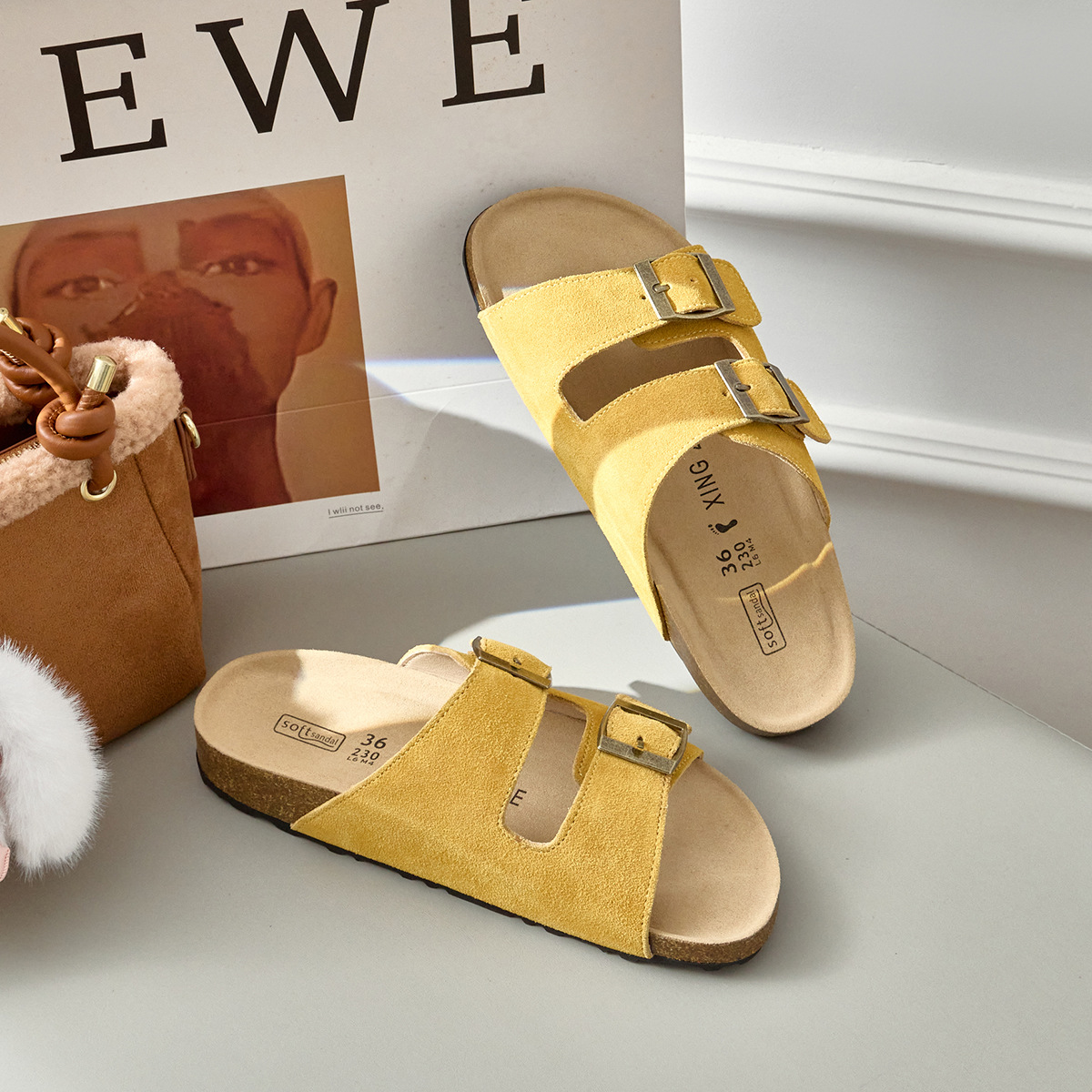 2025 New Leather Cork Boken Slippers, Casual Retro Outerwear Beach Slippers, Boken Shoes for Women