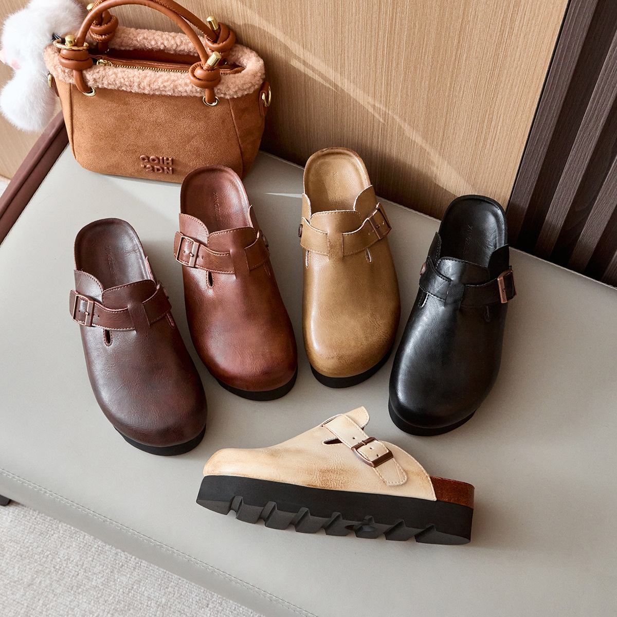 Cowhide version of Boken shoes, retro thick soled slippers, women's bag head, leather cork casual outer wear, half drag Boken sandals for women