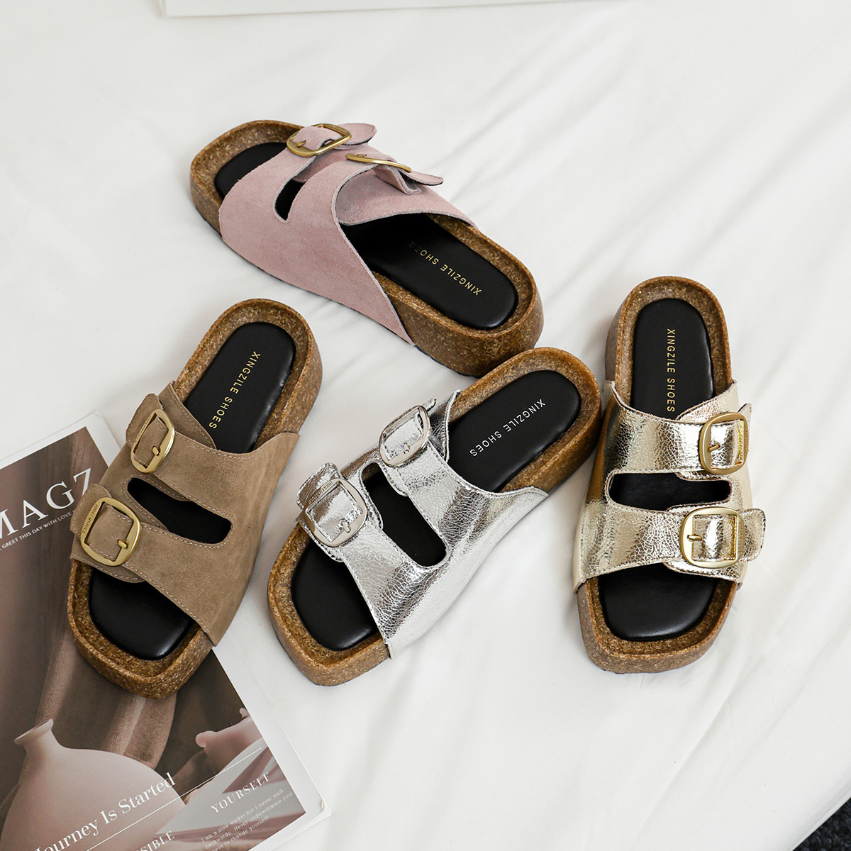 Cowhide and genuine leather Boken slippers with one strap and one foot, double breasted anti slip beach shoes for summer outdoor wear, thick soled slippers