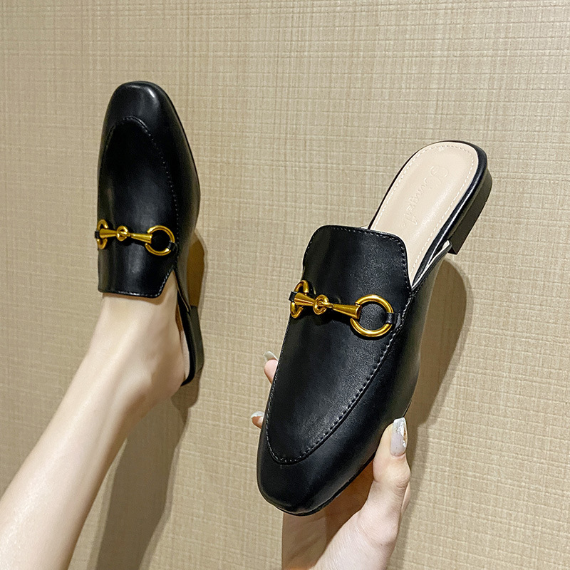 Real leather bag head half slippers for wearing cool slippers on the outside. 2022 summer new flat bottomed lazy shoes with horseneck buckle M ü ller shoes