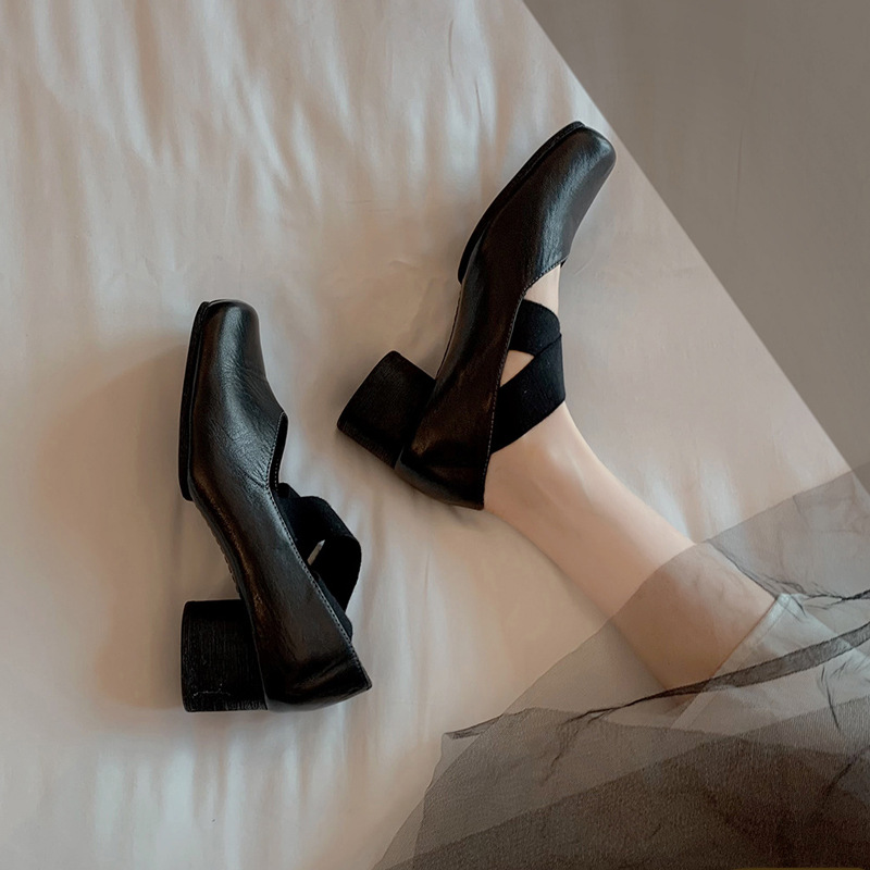 Genuine leather Mary Jane single shoes autumn and winter retro cross strap square toe comfortable thick heel high-heeled pig nose ballet shoes