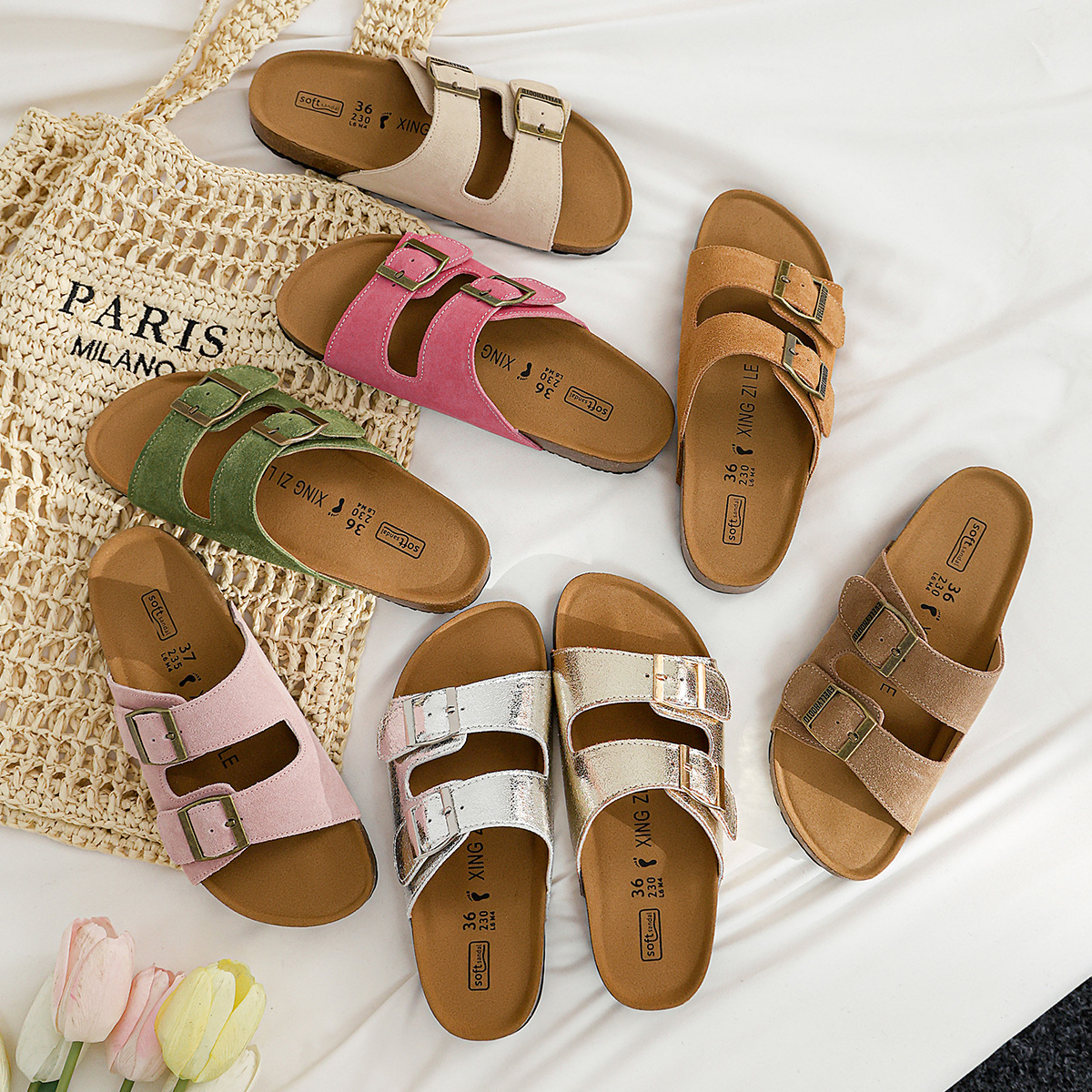 Genuine leather Boken slippers women's cow suede beach shoes anti slip 2024 summer wearing flat sandals Boken cool slippers