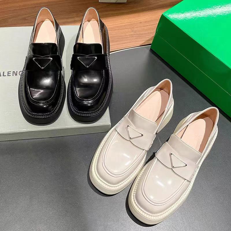 High version P Triangle Logo Lefu Shoes Women's Genuine Leather Black Small Leather Shoes Increase British Style Single Shoes Sponge Cake Thick Bottom Shoes Home