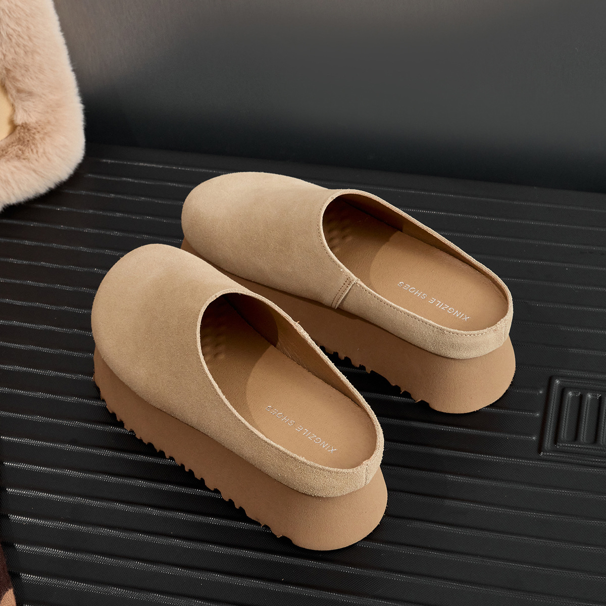 Thick soled Boken shoes, genuine leather half drag toe shoes, 2024 new retro soft and comfortable short height increasing Boken shoes