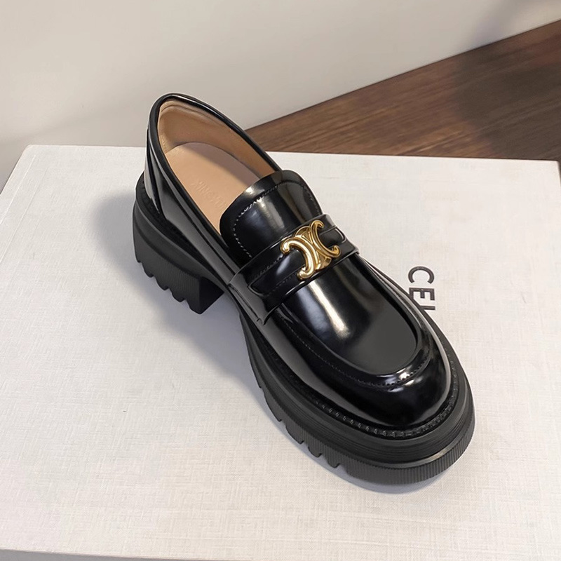 Thick soled loafers, British style Triumphal Arch small leather shoes, women's thick heels, height increasing shoes, black one foot leather single shoes