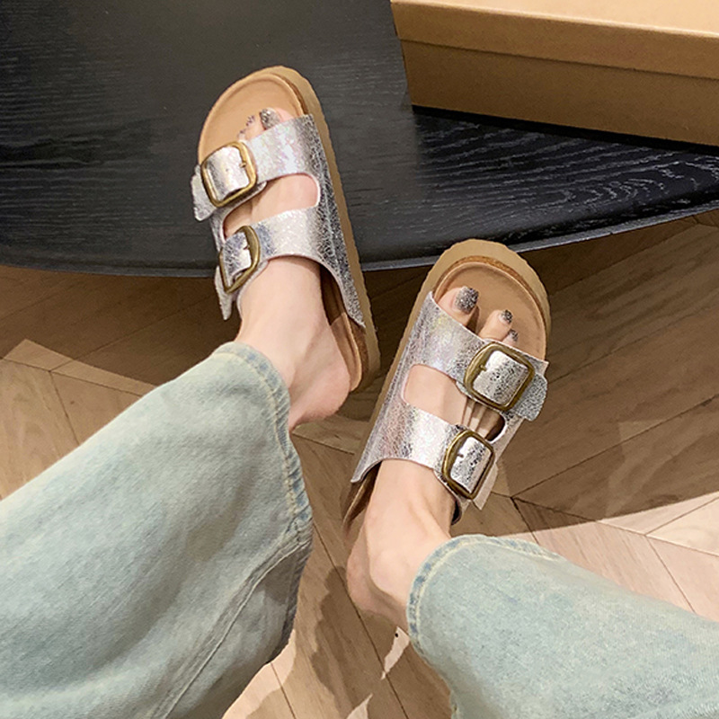 Silver slippers 7CM thick soled Boken beach shoes retro double buckle strap for summer outdoor wear, height increasing short slippers for women