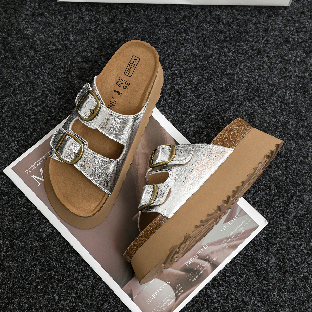 Thick soled slippers for women wearing high-end women's silver sandals, height increasing short slippers made of genuine leather, Birken slippers for women