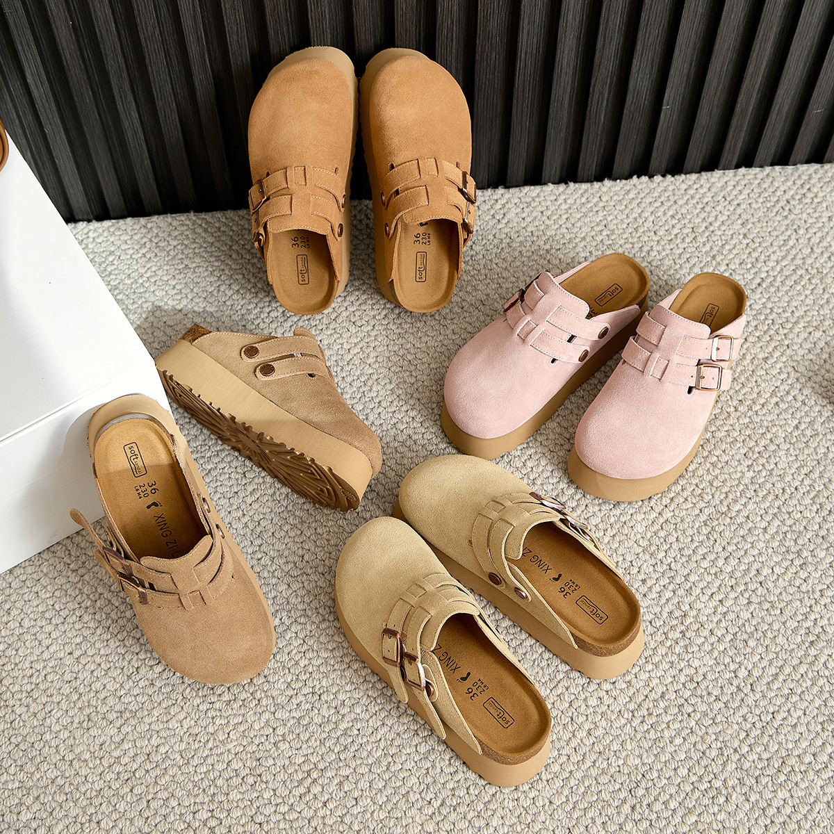 Thick soled Haken shoes for women, made of genuine leather and cow suede with a toe cap. Half slippers for wearing on the outside. Japanese Haken shoes for short people. Height increased by 6cm