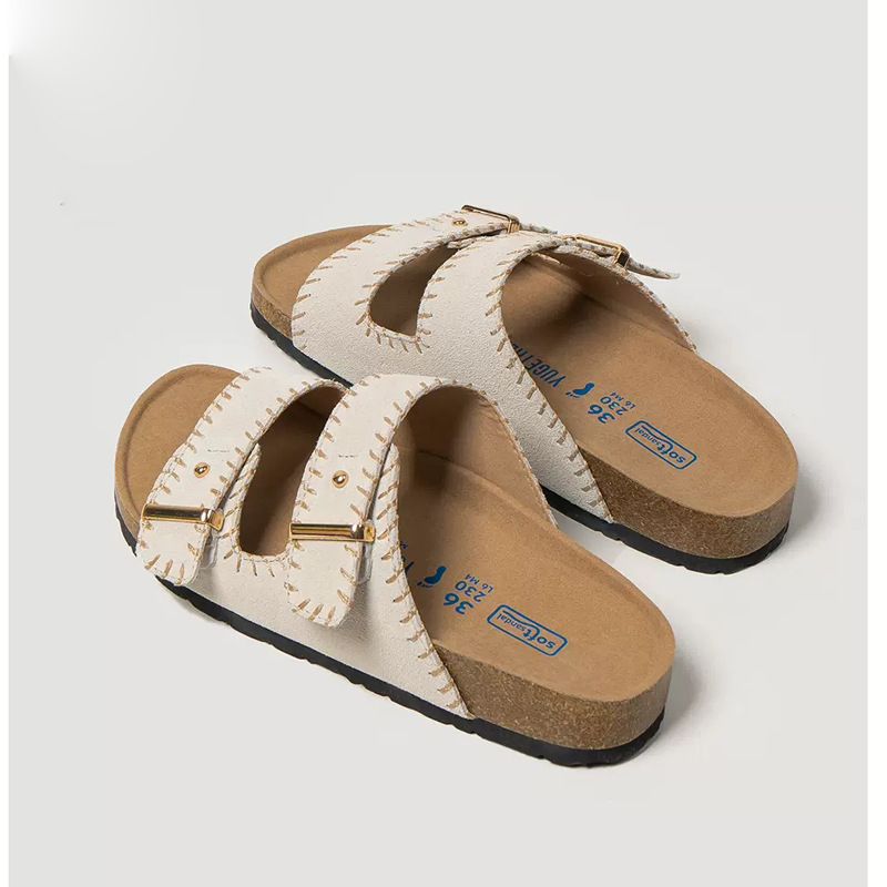 White Deer Same Style~Made of genuine leather 2024 flat bottomed fishing Boken sandals for women's summer outdoor wear, soft soled Boken sandals