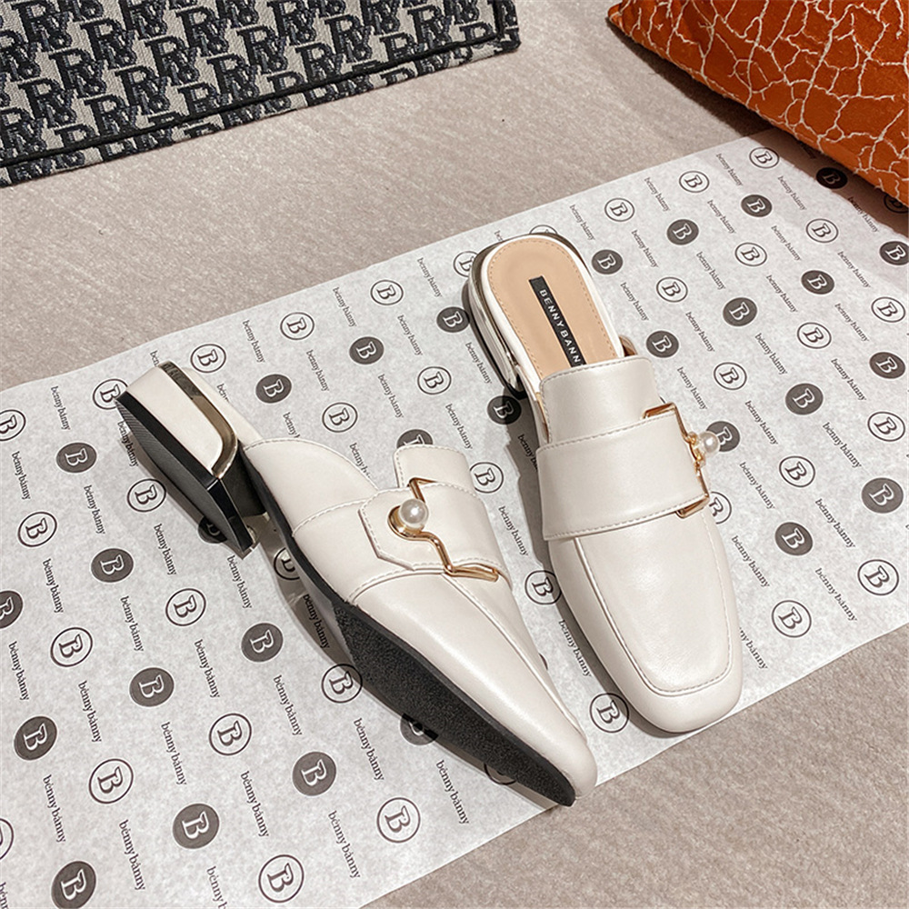 Leather sandals, women's bag, half slippers, Korean style heel less lazy shoes, thick heels, summer outerwear, M ü ller shoes for women