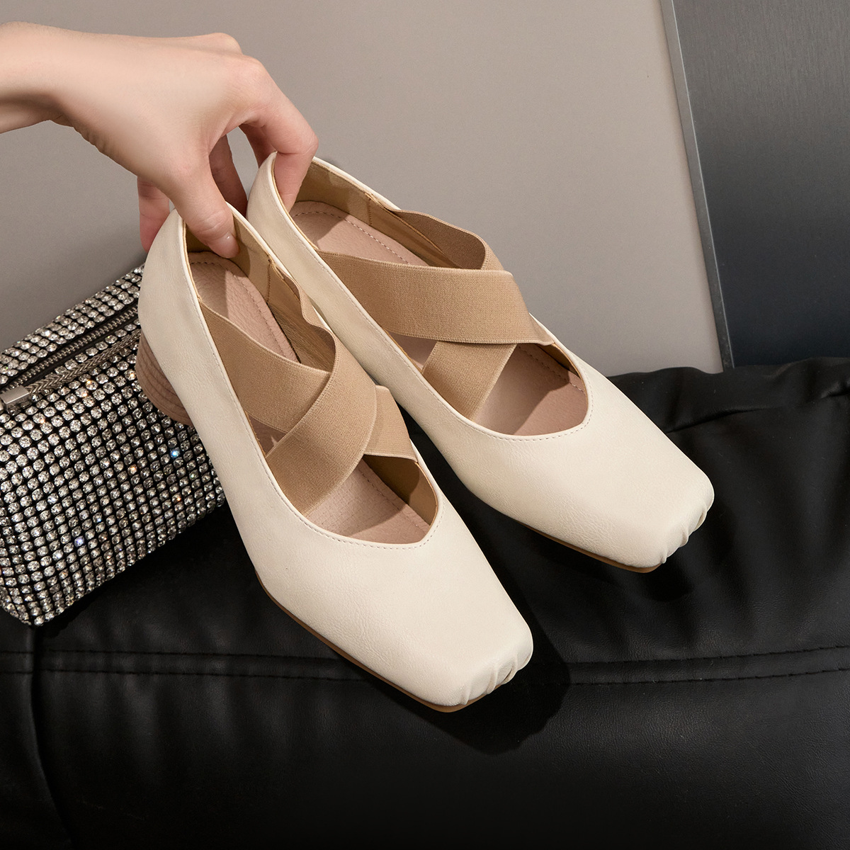 Ballet style genuine leather Mary Jane single shoes French retro cross strap square toe thick heel high-heeled pig nose ballet shoes