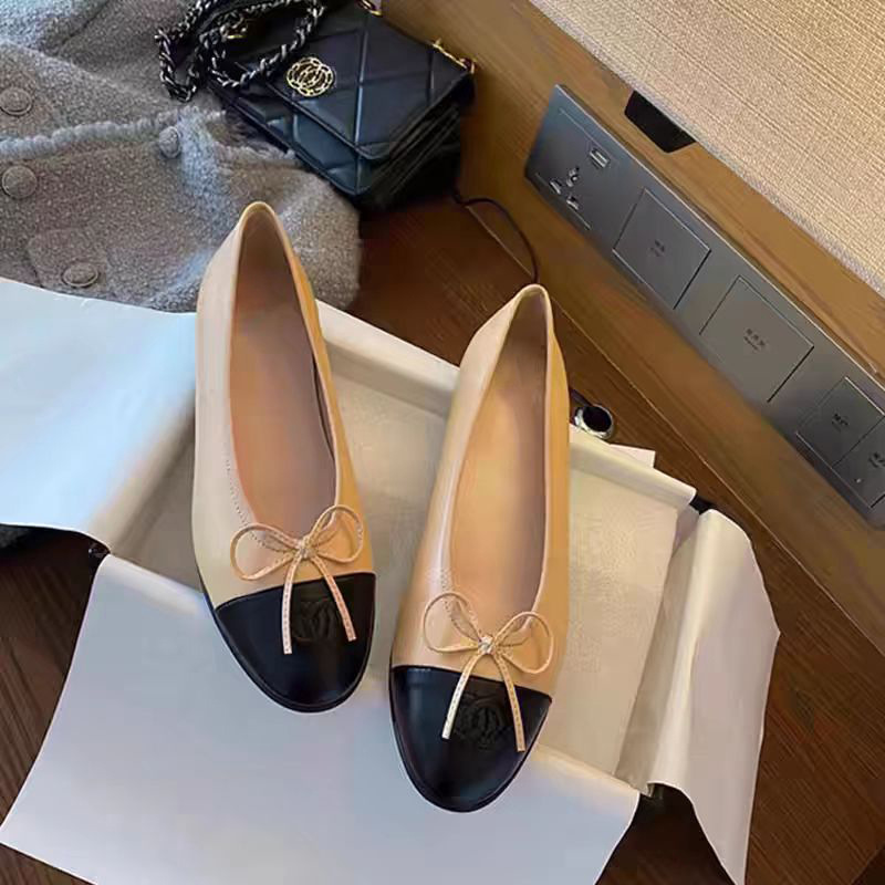 Xiaoxiangfeng Single Shoes for Women 2025 Summer New Collection Color blocked Flat Bottom Leather Scoop Shoes Round Headed Bow Ballet Shoes for Women