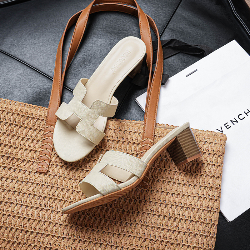 High heeled slippers for women, thick heels, sandals for outdoor wear, 2025 new style sandals, fashionable 5cm, versatile, straight drag, foreign trade