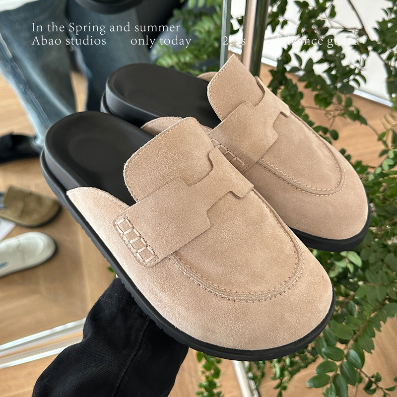 Full leather Boken shoes women's bag head half drag soft sole thick sole lazy leather second uncle Boken slippers for outdoor wear in spring and summer