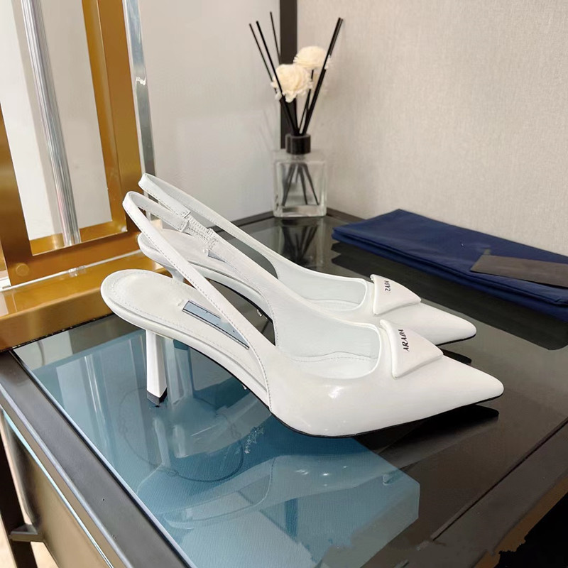 High version P family triangle logo high heels 2024 new pointed 7.5cm thin heel sandals European and American French cat heels