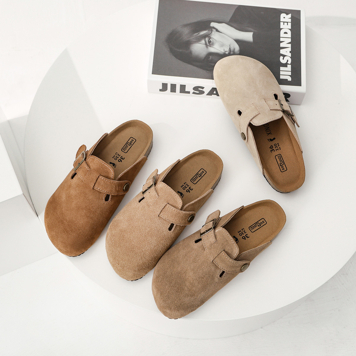Large size Boken shoes for women, made of genuine leather and cork, with flat bottom slippers for summer wear and half flip flops for fishing. Size 43 Boken shoes