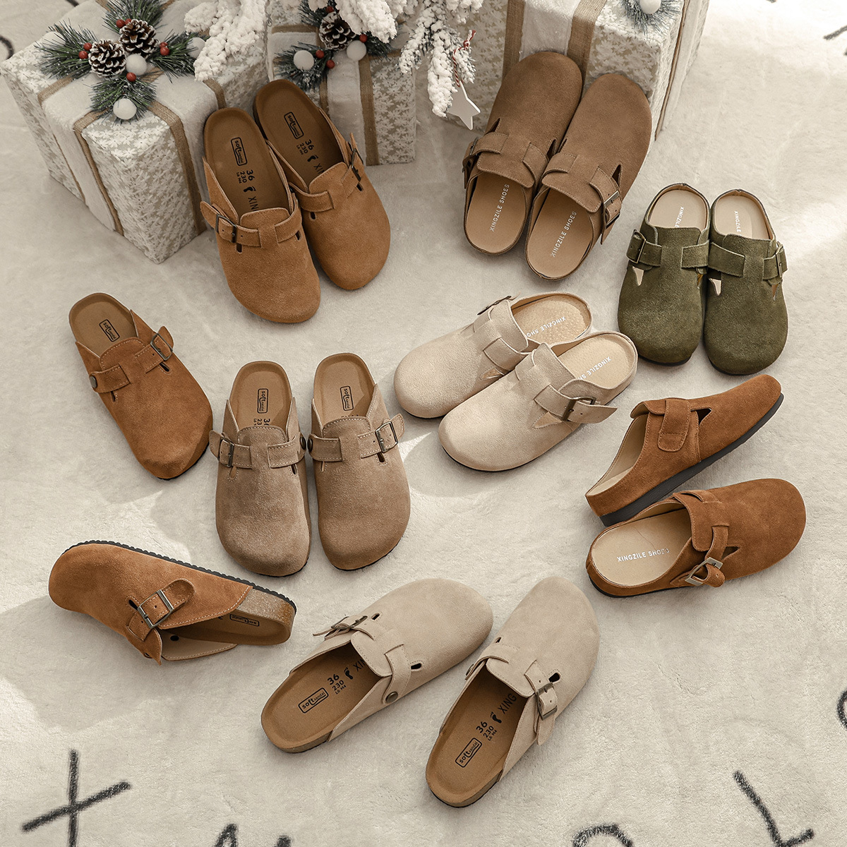 Genuine leather cowhide Boken women's shoes, cork height increasing thick soled slippers, flat bottom fishing toe cap half slippers, Japanese Boken shoes