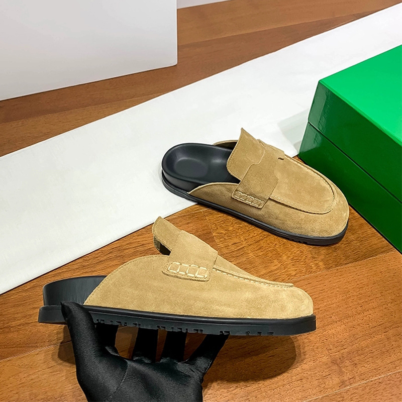 Genuine leather flat shoes, thick soled toe half slippers, women's outdoor wear 2025 summer new retro second uncle Boken shoes, h slippers