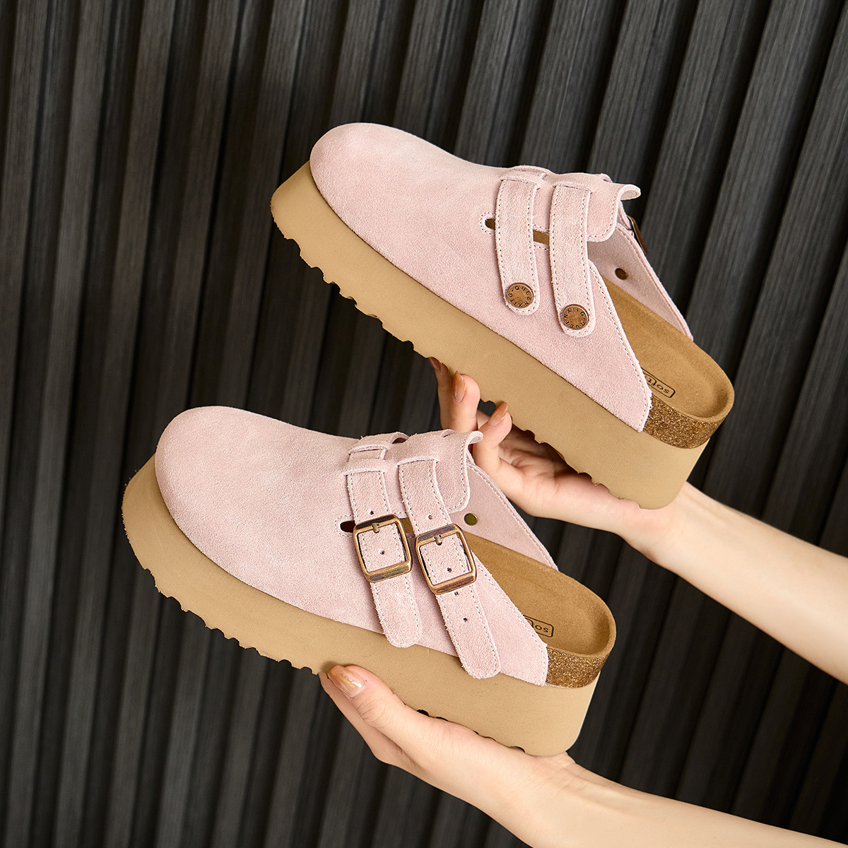 Pink Boken shoes with thick sole, height increased by 6cm, short shoes for summer, new leather half slippers with toe cover, cool slippers for women