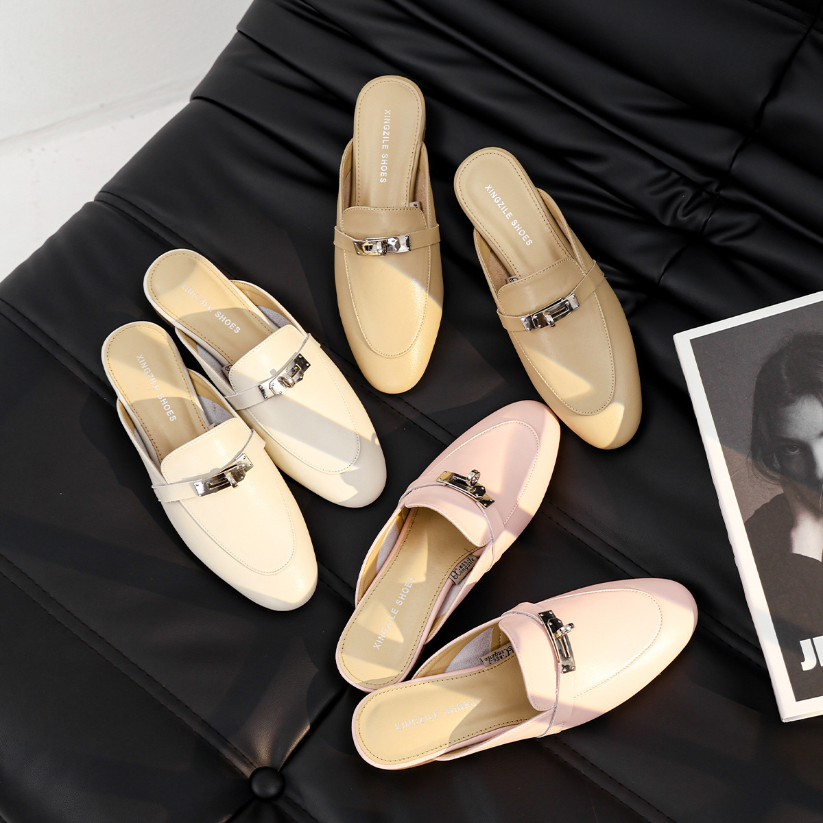 Sheepskin Baotou Half Slippers for Women's Outerwear, 2023 Spring and Summer New Style Lock Lock Lazy Shoes, Flat Mouller Shoes