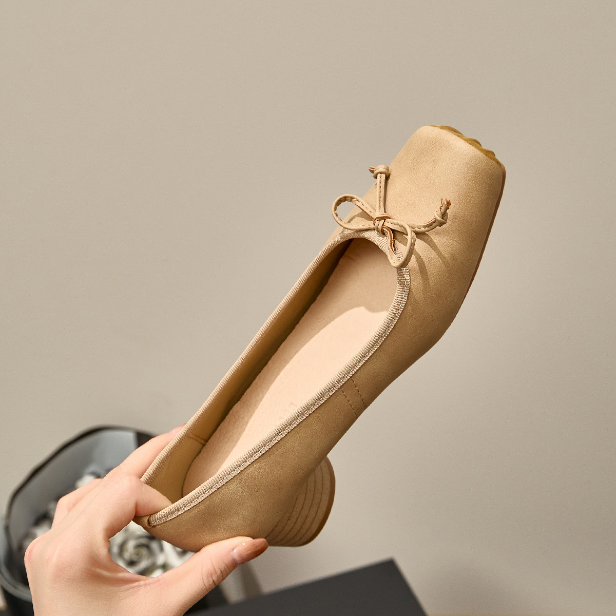 Genuine leather ballet shoes, worn out, thick heel, square toe, Mary Jane shoes, French retro single shoes, mid heel ballet style shoes