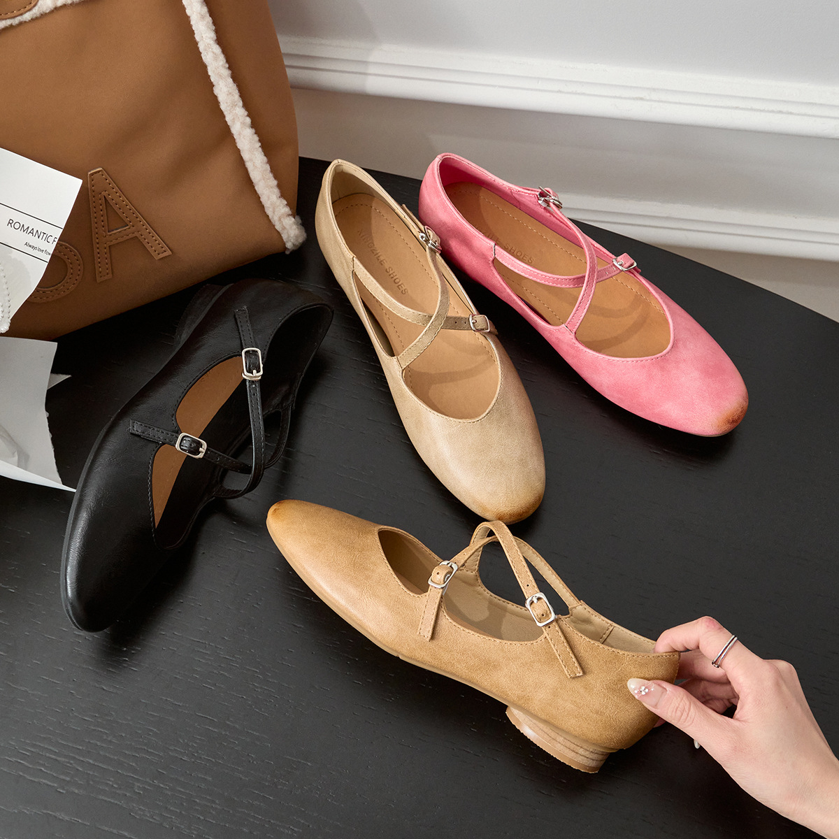 Genuine leather single shoe cross Mary Jane shoes women's retro shallow mouth shoes 2025 spring new product temperament low top flat heel women's shoes