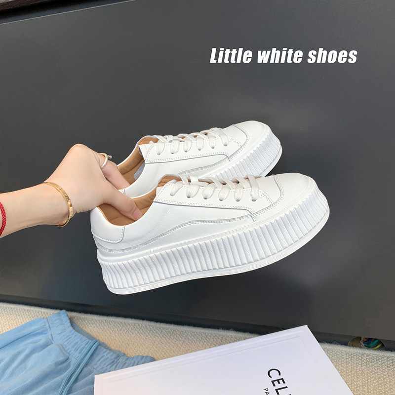 Real leather white shoes, new shoes for children, versatile for summer students, height increasing, short casual board shoes, thick soled biscuit shoes