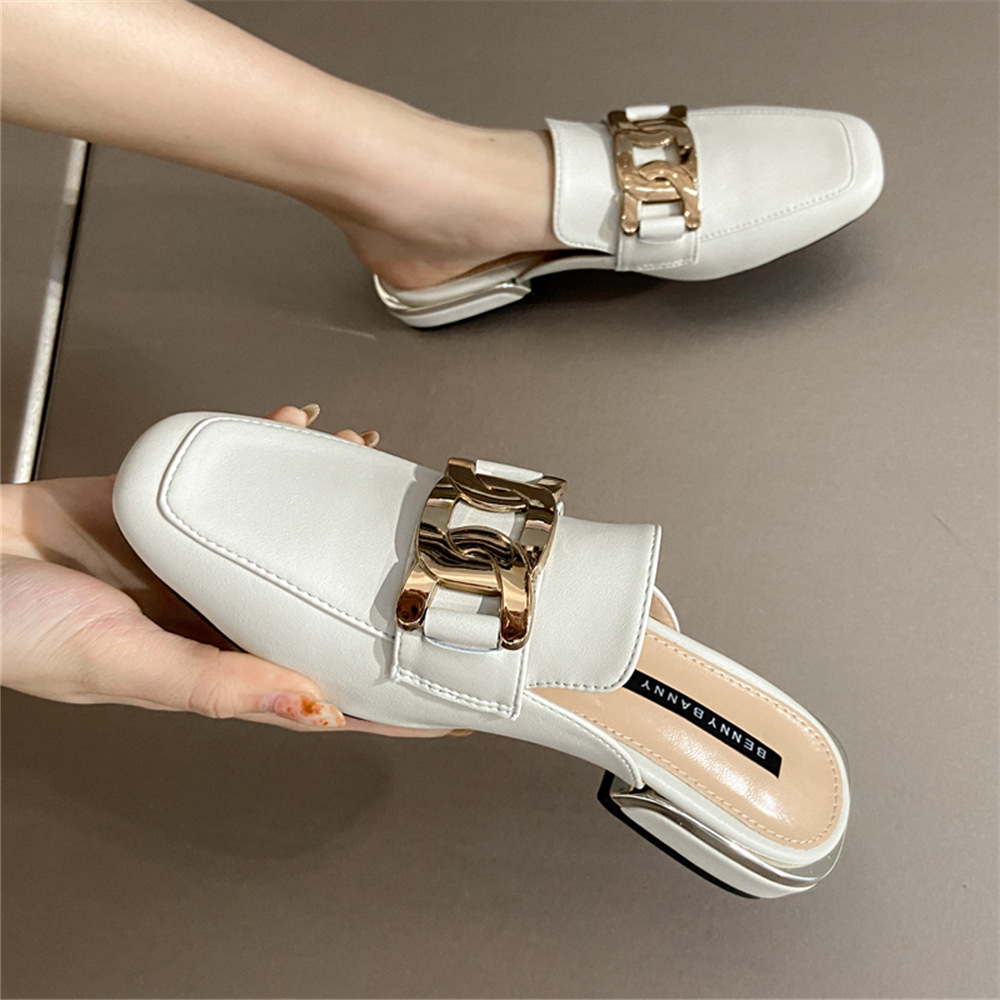 Real leather bag head half slippers for outdoor wear in the spring and summer of 2022, square toe lazy half back shoes, versatile M ü ller shoes