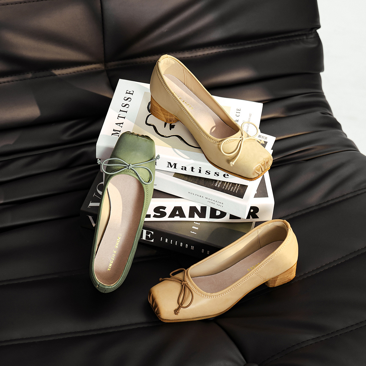 Bow Ballet Single Shoes Retro Middle Heel Thick Heel Pig Nose Shoes Square Head Ballet Shoes Women's Shallow Mouth Mary Jane Shoes