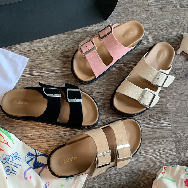 Genuine leather Haken slippers for women's outdoor wear, Texas holiday~Retro thick soled double buckle with sole, soft stepping and poop like slippers