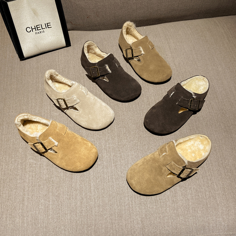 Real leather cow suede big toe shoes for women, cotton shoes, Boken shoes for women, winter shoes with added velvet for women, women's styles for wearing outside, hairy shoes, one foot pedal