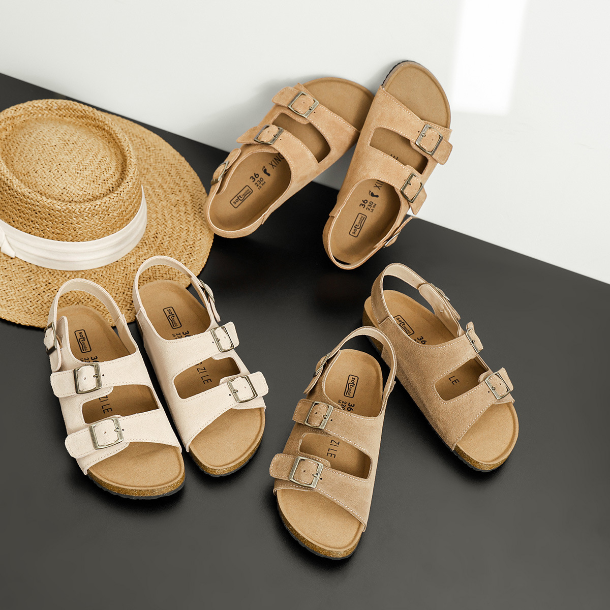 Boken sandals women's genuine leather summer outerwear Korean style thick soled beach shoes Cork sandals Boken shoes Roman sandals