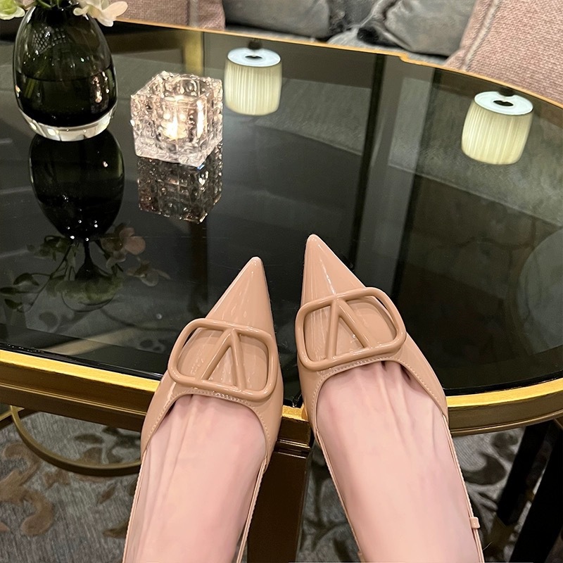 V Home Naked High Heels for Women 2024 New Leather Pointed Middle Heel Shallow Mouth Baotou Thin Heel Back Empty High Heel Sandals