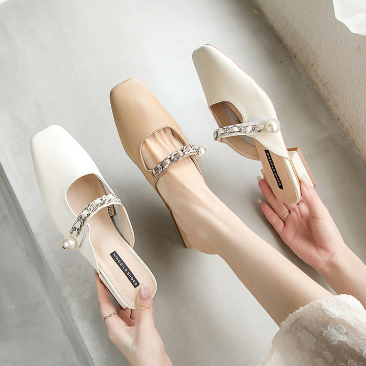 Real leather sandals, women's bag, half flip flops, summer fashion, outdoor wear, 2022 new style, thick heel, metal chain, straight strap, cool mop