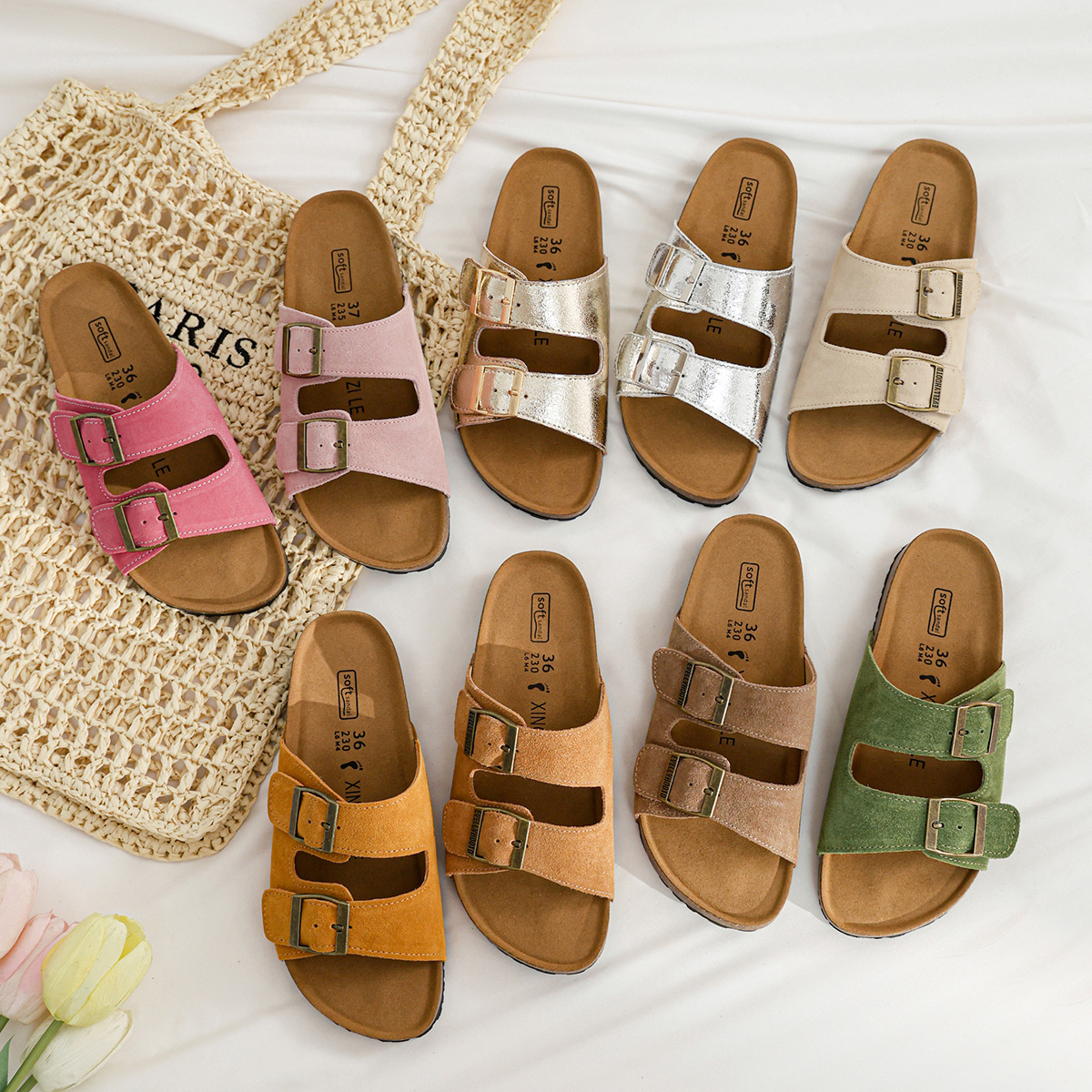 Cowhide and genuine leather Boken slippers for women, one foot double breasted anti slip beach shoes for summer outdoor wear, flat bottomed Boken women's shoes