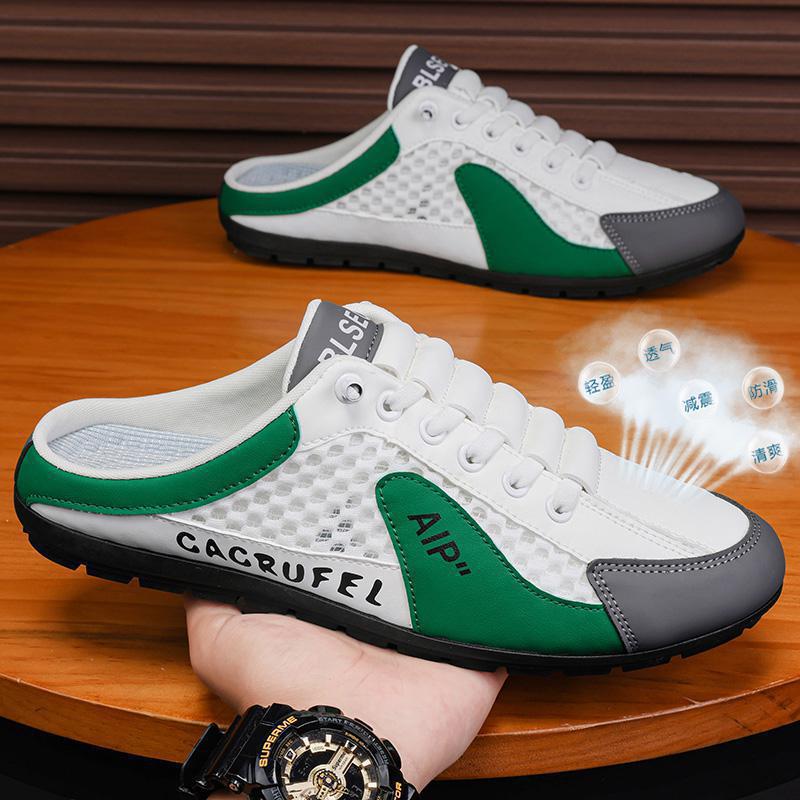 2025 thin men's shoes summer mesh breathable hole sandals for lazy men without heels and toe caps slippers