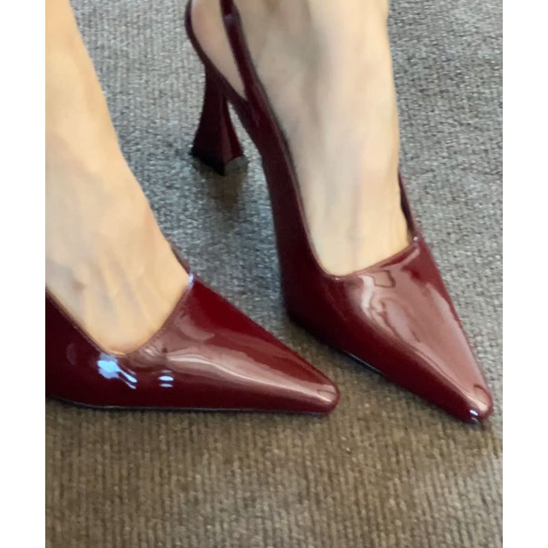 Red striped horseshoe heel high-heeled shoes for women, backless patent leather versatile fine heeled pointed sandals
