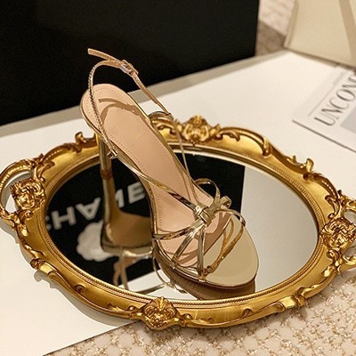 Golden strap high-heeled shoes for women in 2025, this year's new summer style with a single strap and slim heel, elegant ladies' sandals