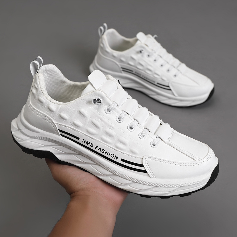 Spring and Autumn New Men's Shoes Crocodile Pattern Leather Waterproof Casual Shoes Thick Bottom Versatile Cross border Sports Shoes Thick Bottom White Shoes